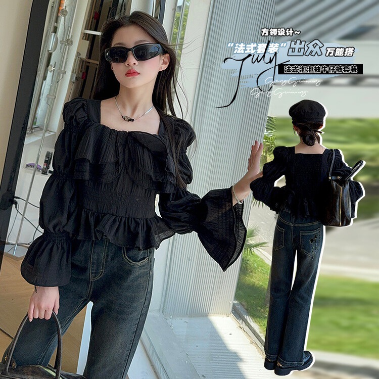 女童2025法式泡泡袖方领上衣新款设计感小众荷叶边洋气长袖衬衫