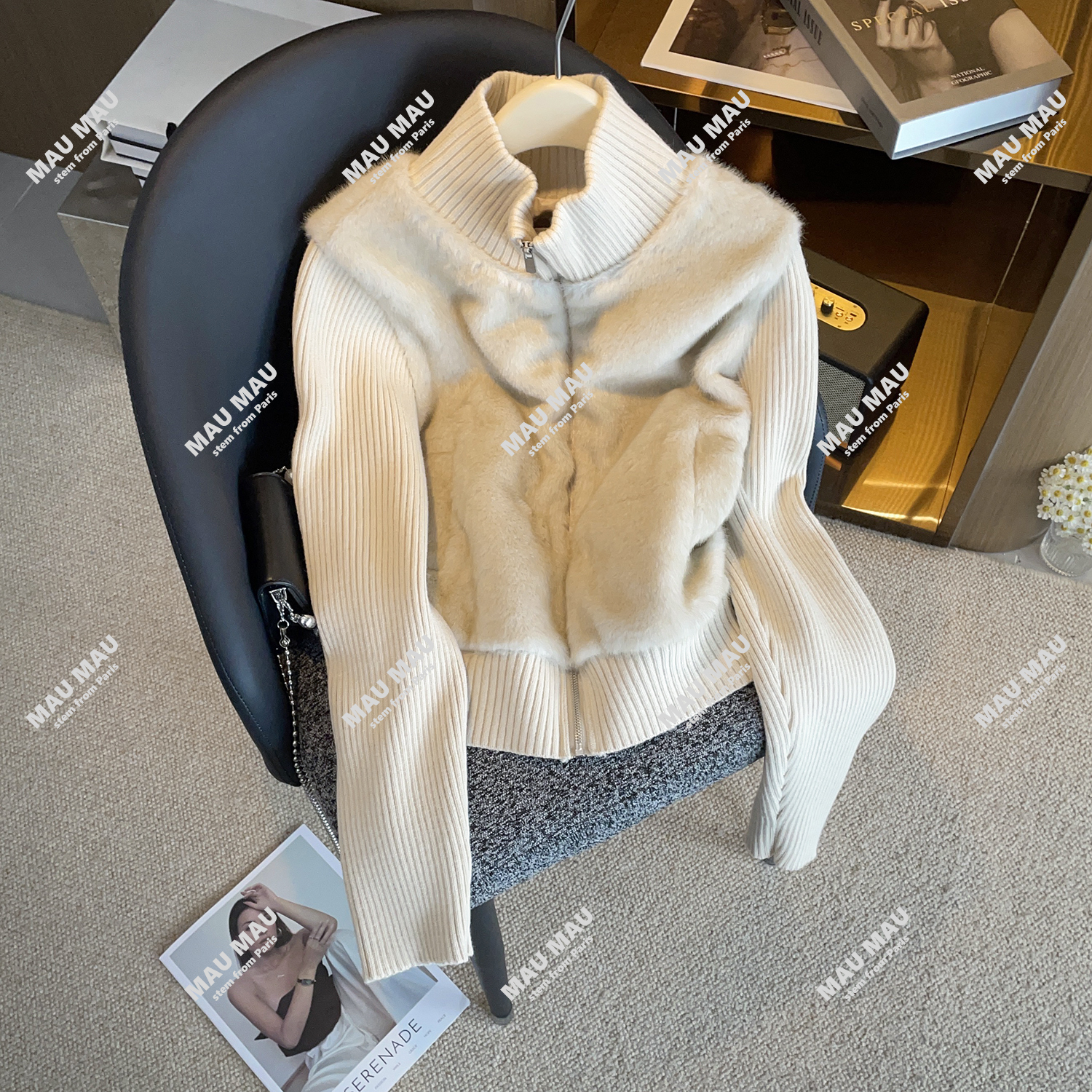 毛毛针织拼接外套女时尚高级感小众韩系上衣DY9365