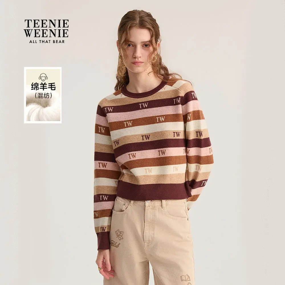 TeenieWeenie小熊毛针织衫25秋新提花条纹圆领套衫女TTKW254903P