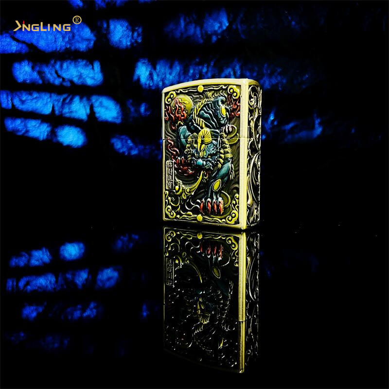 NGLING珐琅彩色貔貅 五面浮雕 煤油打火机复古创意金色国风盔甲机