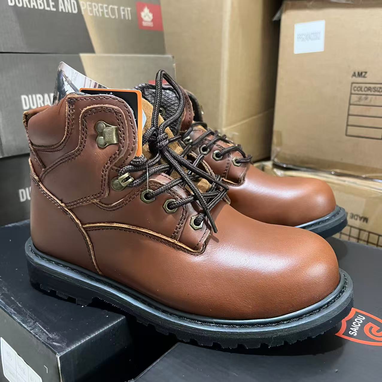 头层牛皮钢头防砸系带耐磨固特异工艺圆头工装鞋中帮男女同款