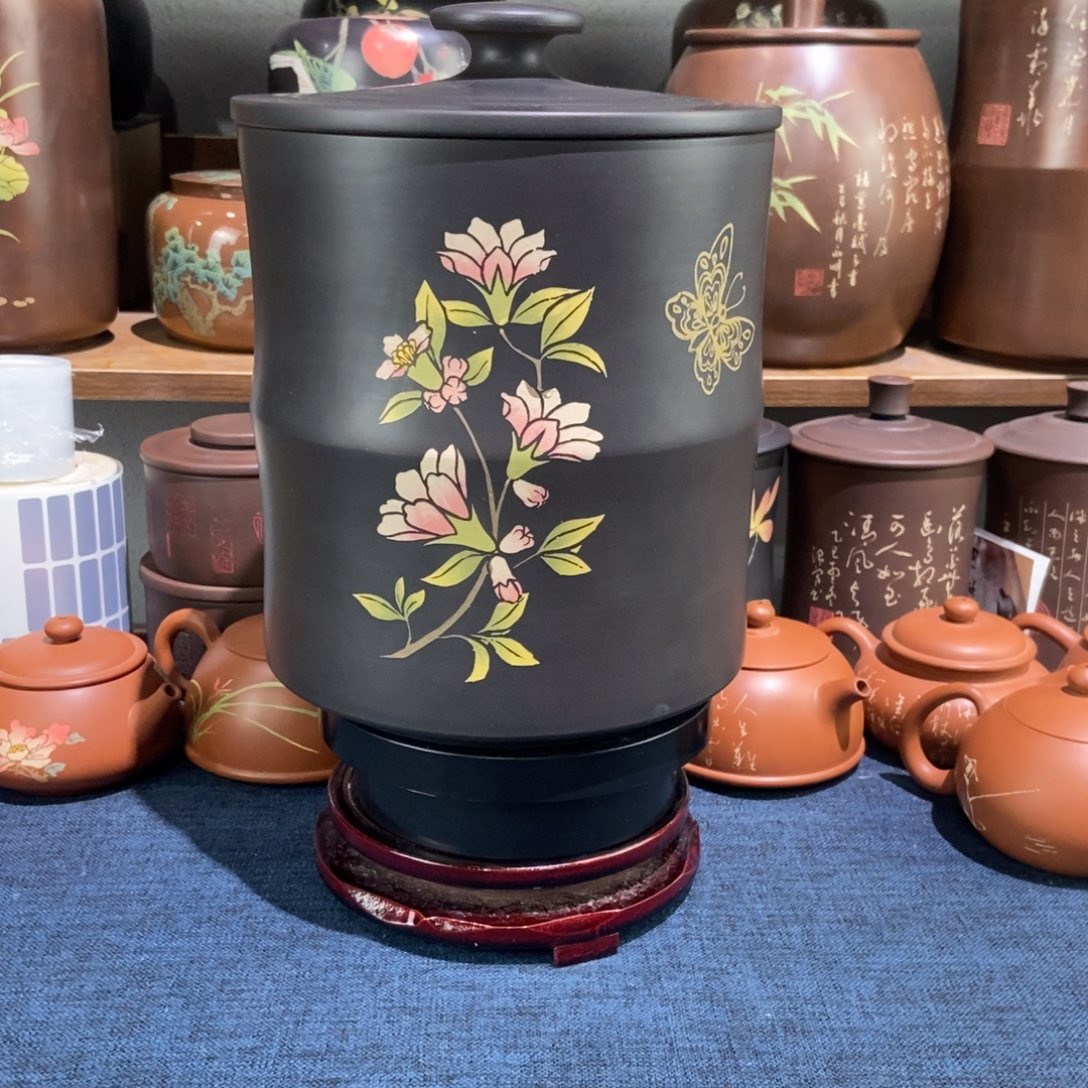 6建水紫陶手工彩填醒茶罐