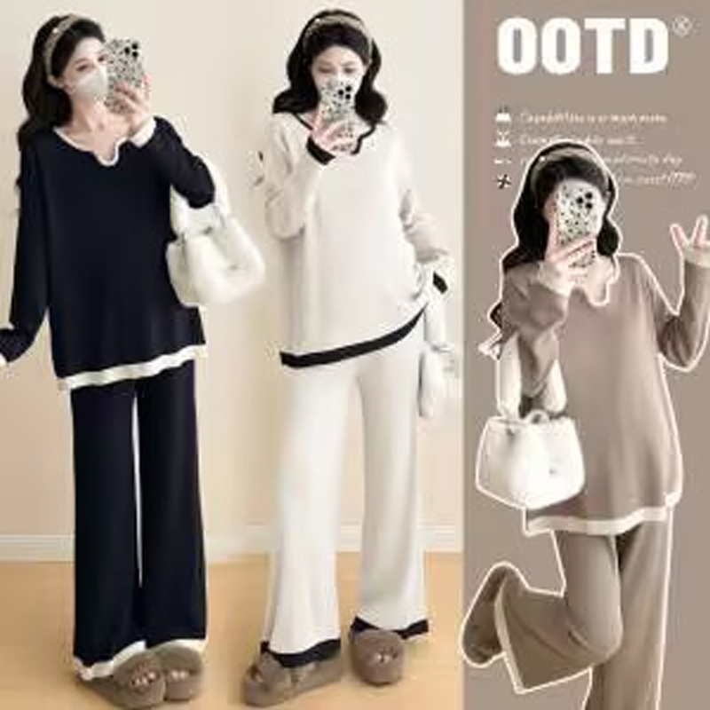 孕妇装秋季新款大码V领撞色拼接针织慵懒气质时尚宽松套装孕妇