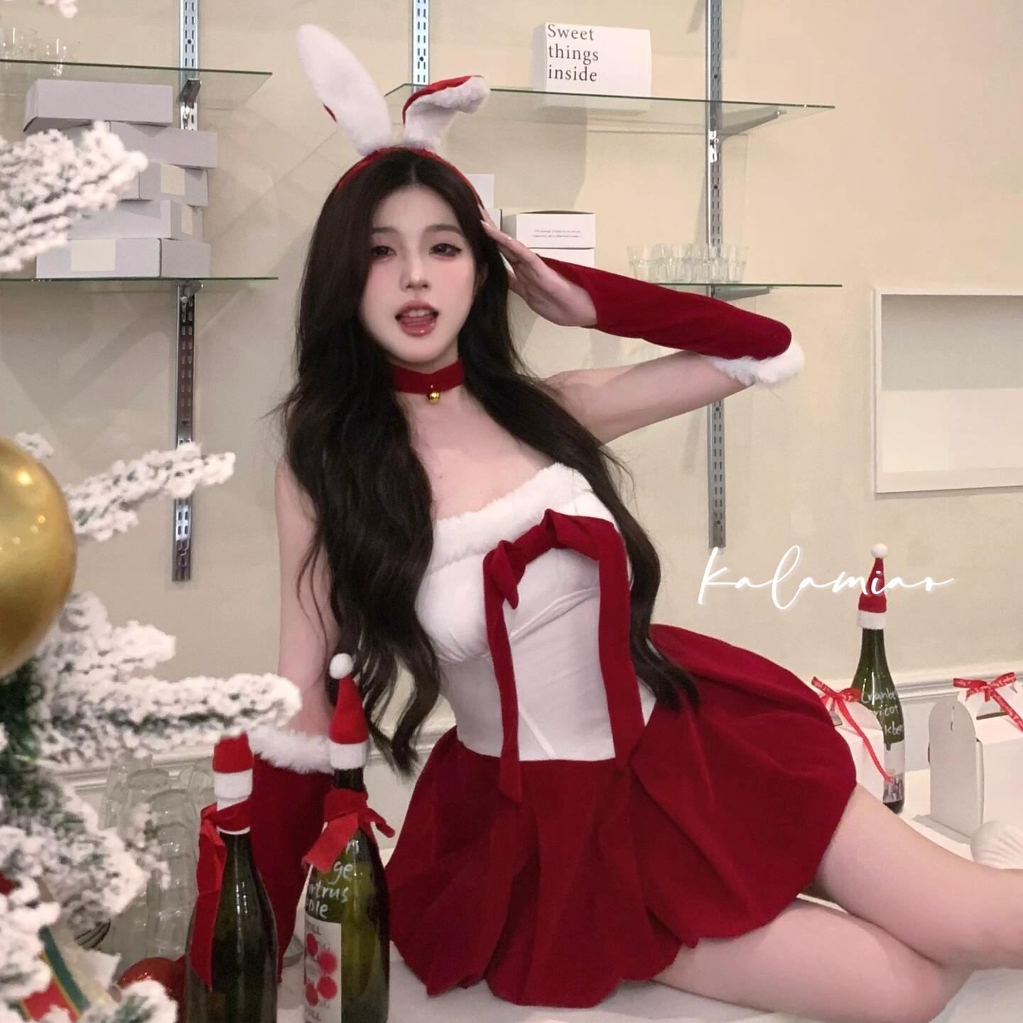 咔啦喵~「糟糕美疯了」圣诞节服装性感连衣裙女兔子红色a字裙