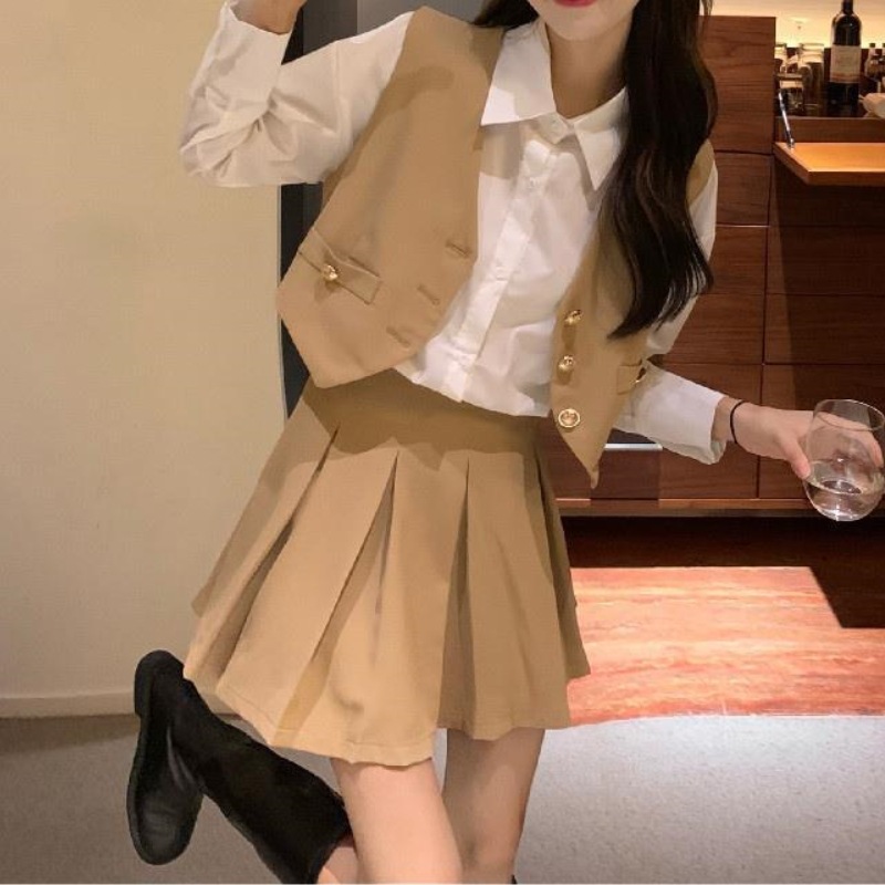 春季新款拼接短裙套装女西装马甲衬衣三件套小个子御姐学院风潮黑