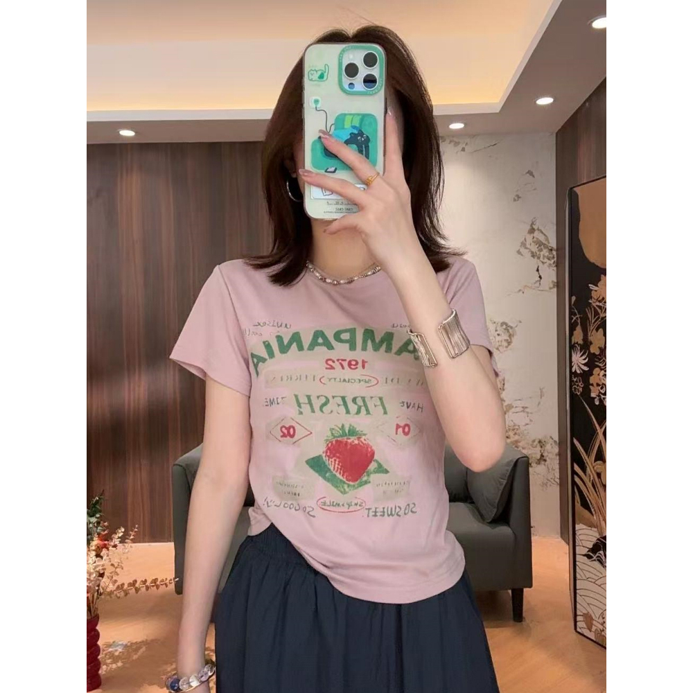 【6609】大码字母印花圆领短袖T恤女夏季新款减龄百搭正肩显瘦上衣