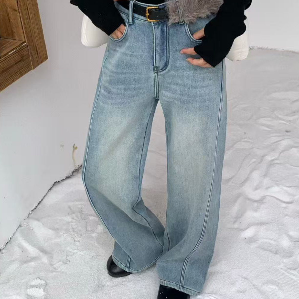 丹丹家2025冬季加绒加厚弹力窄版瘦腿直筒牛仔裤90-145斤