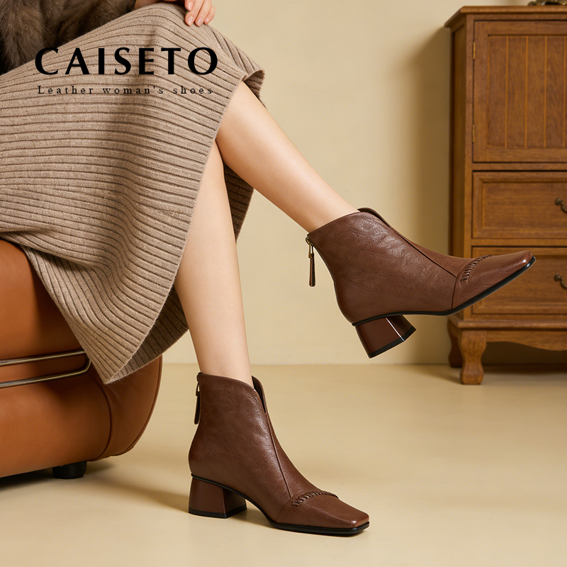 XLAOB头层羊皮/4cm冬季新款粗跟方头后拉链编织真皮短靴X015