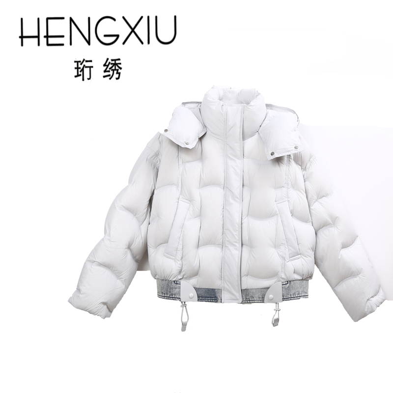 珩绣2025新款泡芙牛仔拼接90白鸭绒加厚时尚羽绒服外套GJ7860
