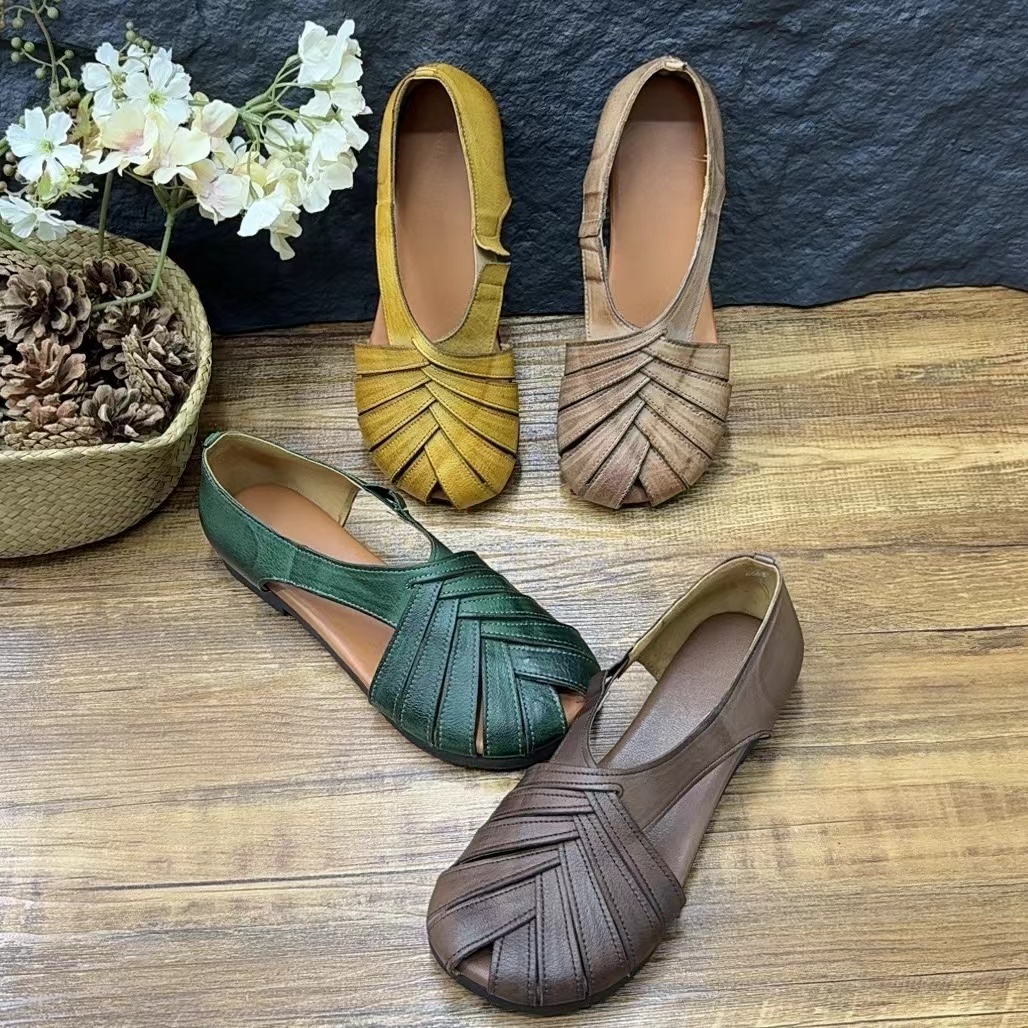 复古牛皮编织镂空软底凉鞋