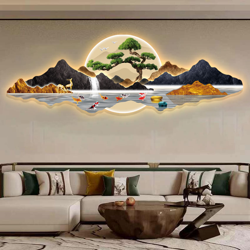 现代客厅装饰画沙发背景墙挂画迎客松九鱼图轻奢壁画简约个性挂画