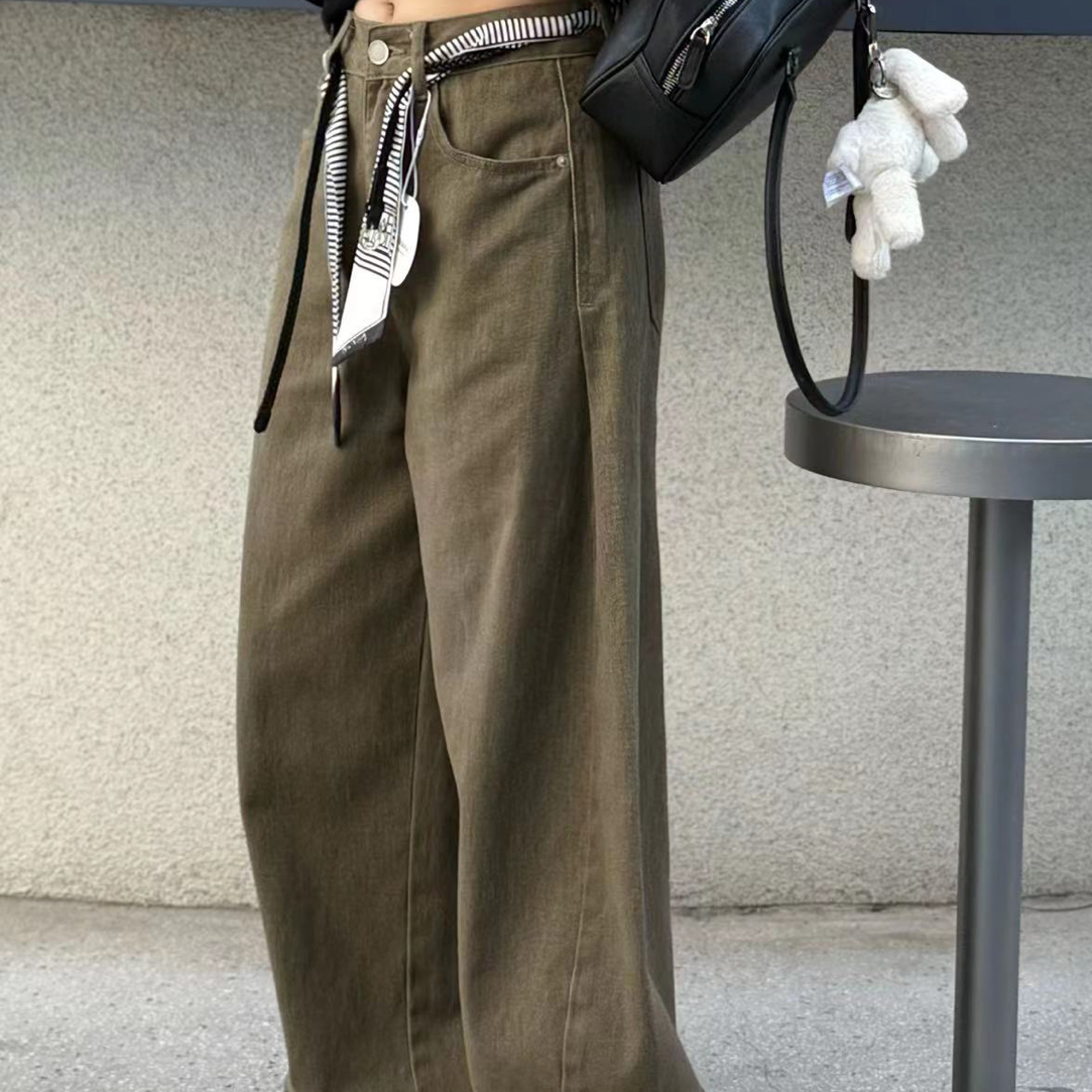 秋季新款韩版通勤百搭简约磨白阔腿牛仔裤女