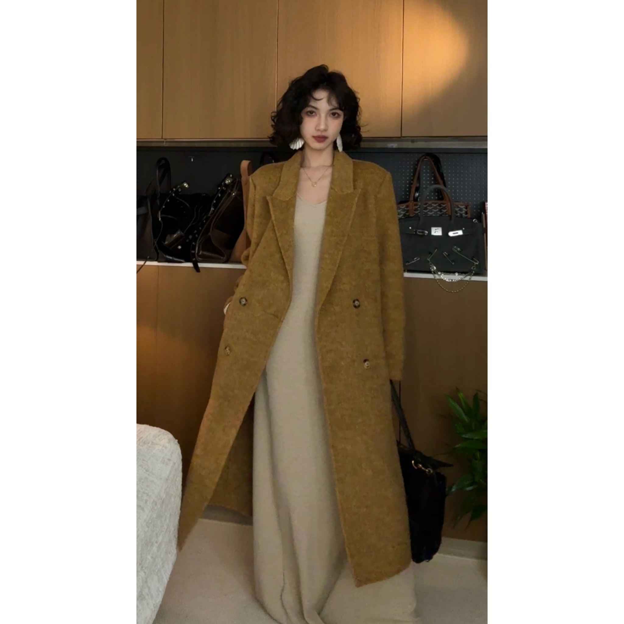 晴嵛.麻花辫垫肩春款双面羊毛大衣