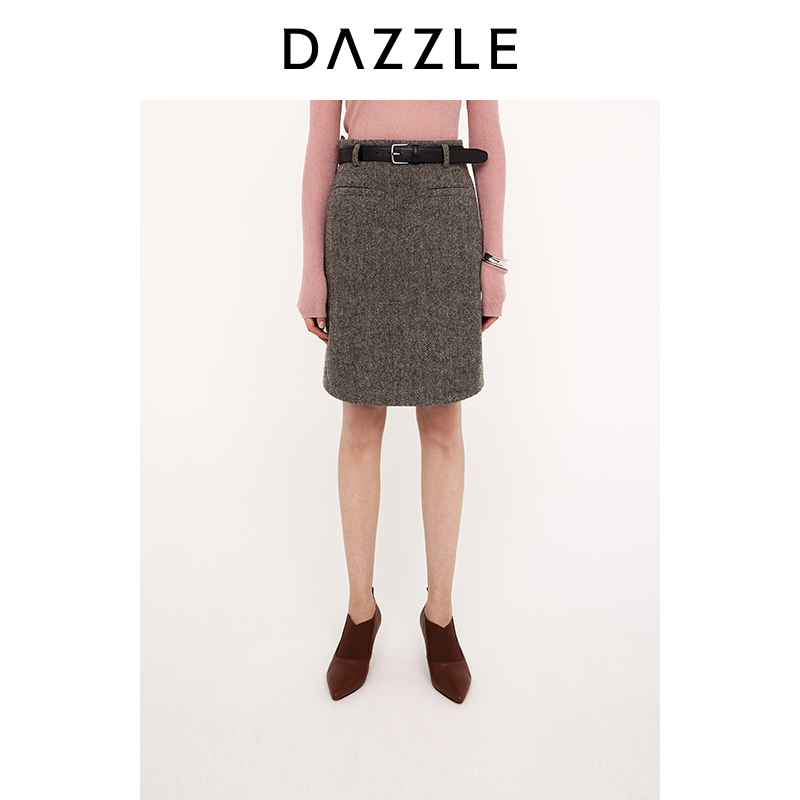 【青绿新年系列】DAZZLE地素25春青绿人字纹毛呢半裙2J1S203