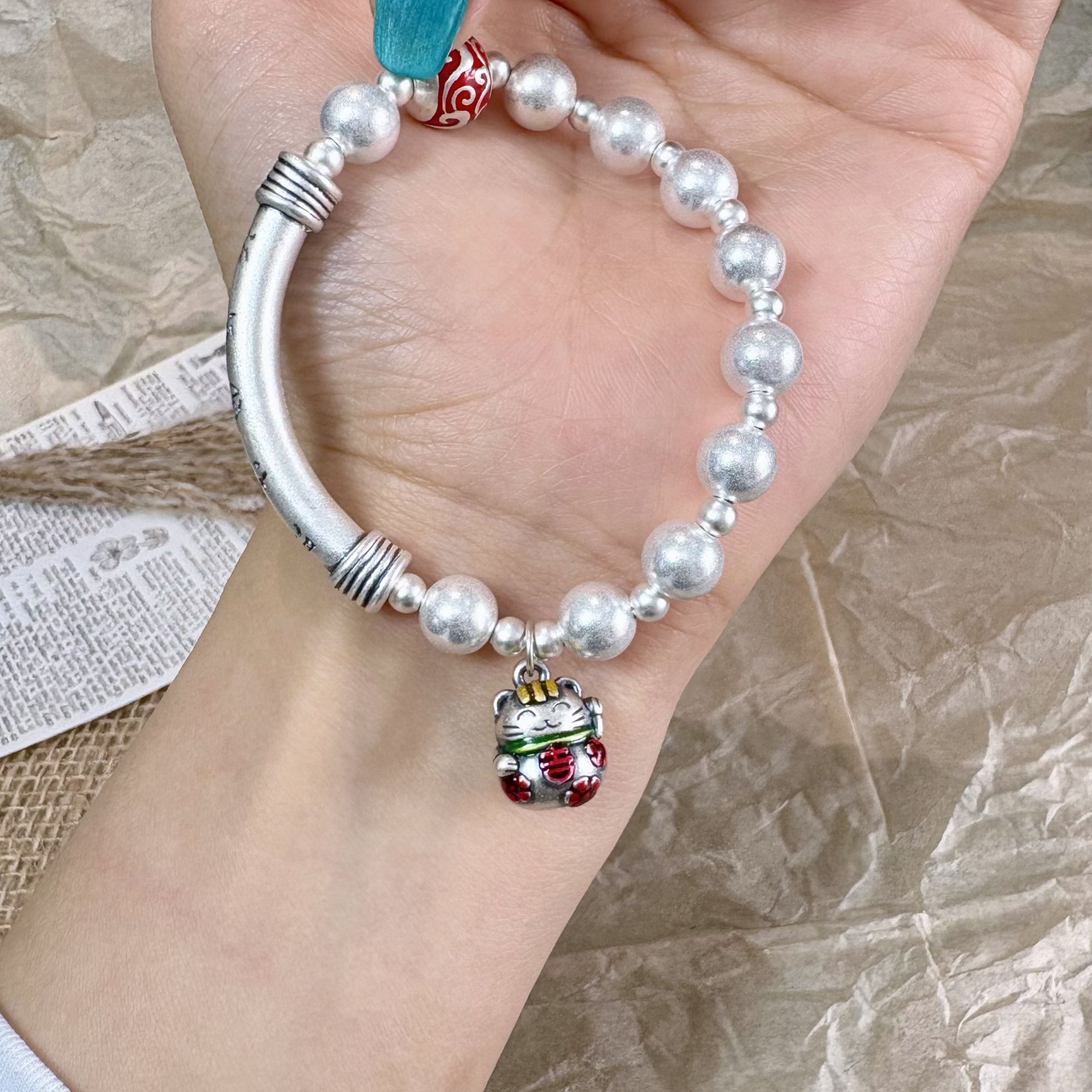 足银手链 足银手链时尚饰品首饰A-012招招猫磨砂百搭手链