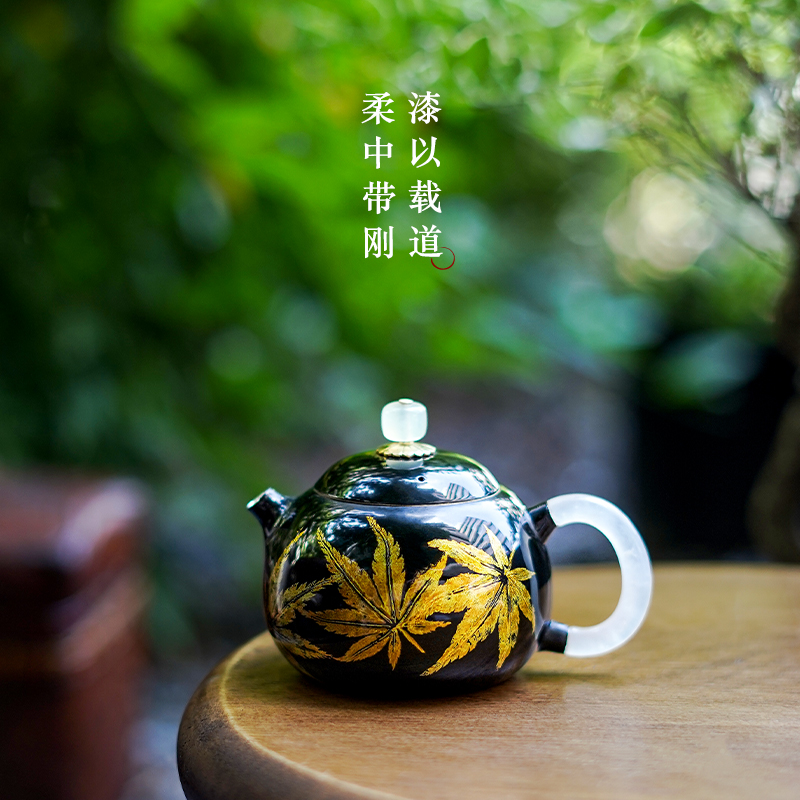 足银999纯手工一张打泡茶壶大漆枫叶西施壶复古家用茶器茶具 枫漆