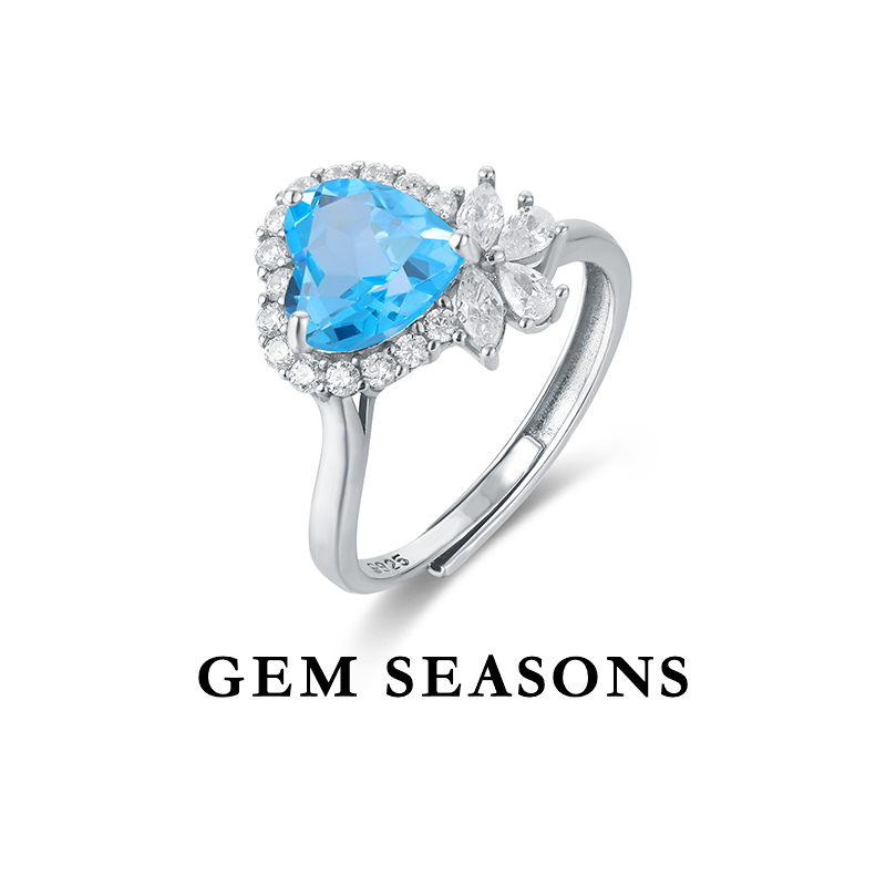 GEM SEASONS天然托帕石戒指 爱心气球设计师款浪漫时尚银戒蓝色