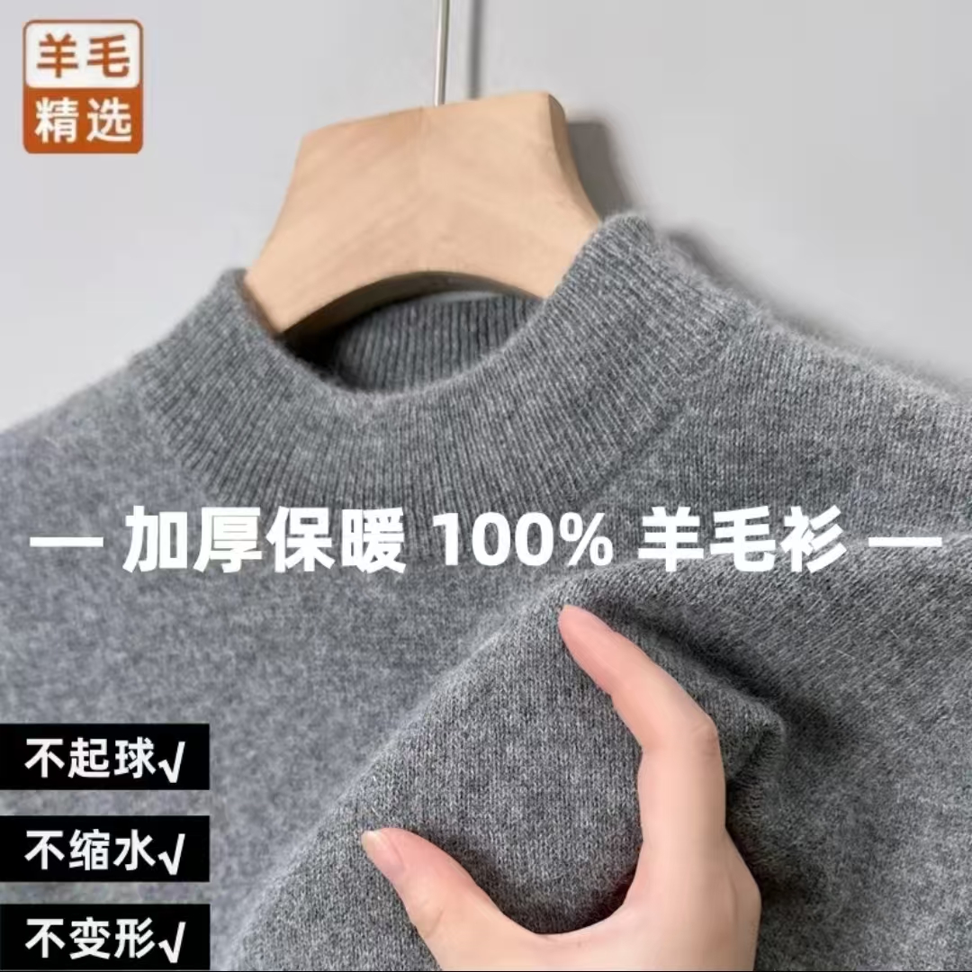 【专柜正品】100%纯羊毛衫男款秋冬季加厚针织半高领打底衫男士毛衣
