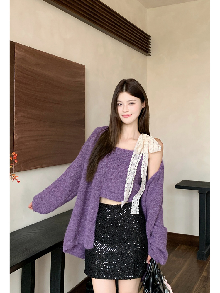 慵懒风软糯温柔开衫毛衣套装女秋冬新款毛绒绒宽松针织衫两件套潮