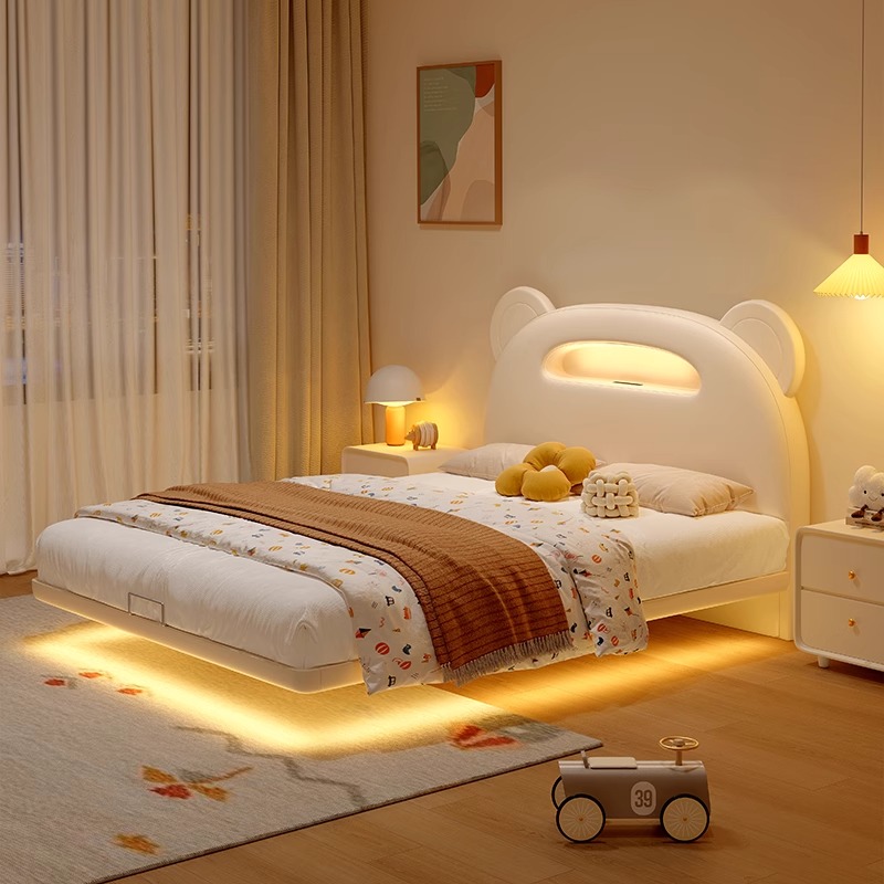 小熊儿童悬浮床女孩单人床奶油风公主床2025新款儿童床男孩卧室床