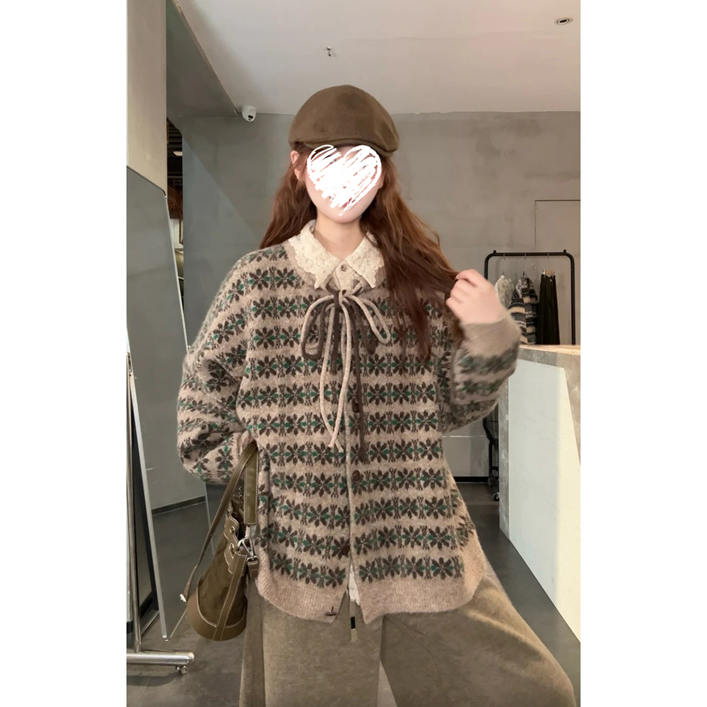 小众复古针织毛衣外套+蕾丝宽松衬衫+慵懒感阔腿裤套装女 61093