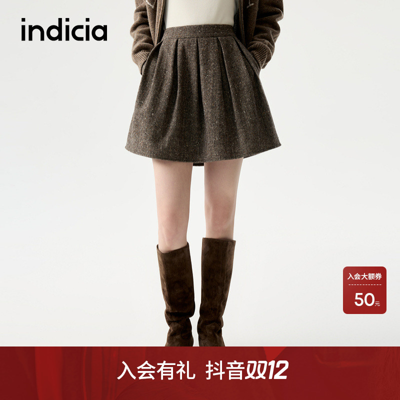 indicia标记25冬新款A字miu系拼接百褶半身裙花苞短裙L2D5QZ213