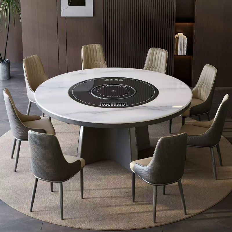岩板餐桌语音控制隐形电磁炉内嵌电动转盘一体意式极简家用圆形桌