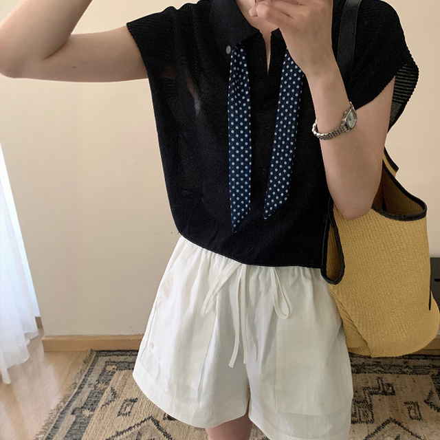POLO领波点丝巾冰丝无袖针织衫背心t恤女2025新款夏日漂亮小上衣