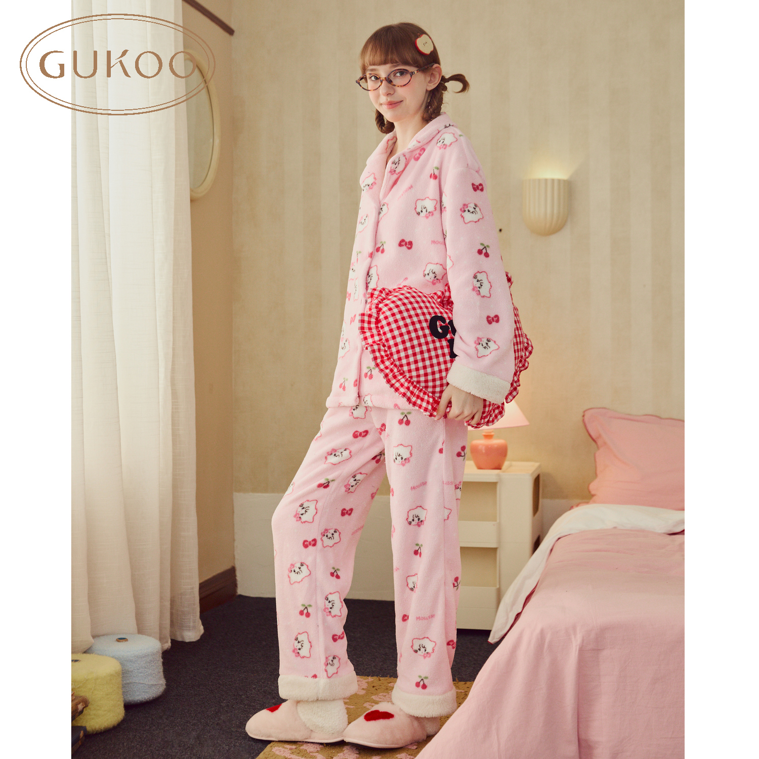 Gukoo/果壳mikko联名毛绒睡衣女秋冬厚款套装粉色可爱