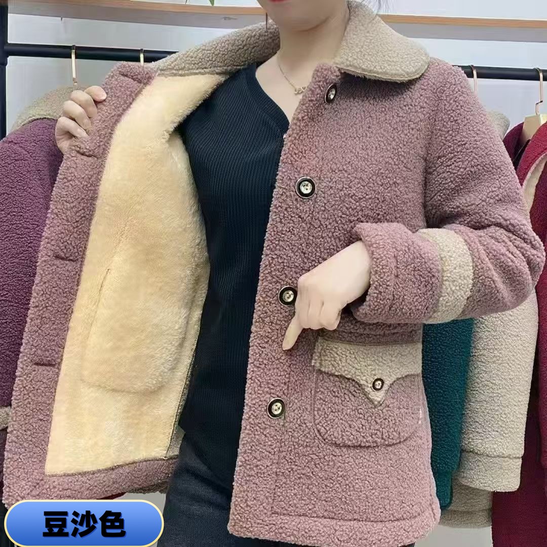 【雷】拼接妈妈装特厚加绒女装保暖洋气女网红大衣短外套羊羔绒