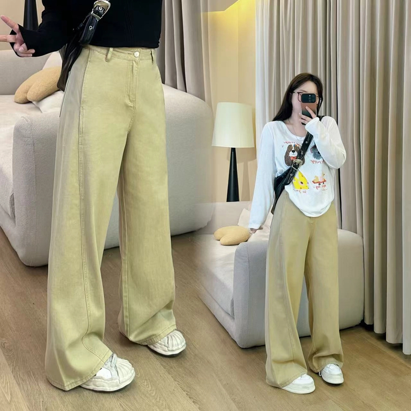 6700#大码卡其高腰阔腿牛仔裤女宽松秋季新款高端直筒裤子女