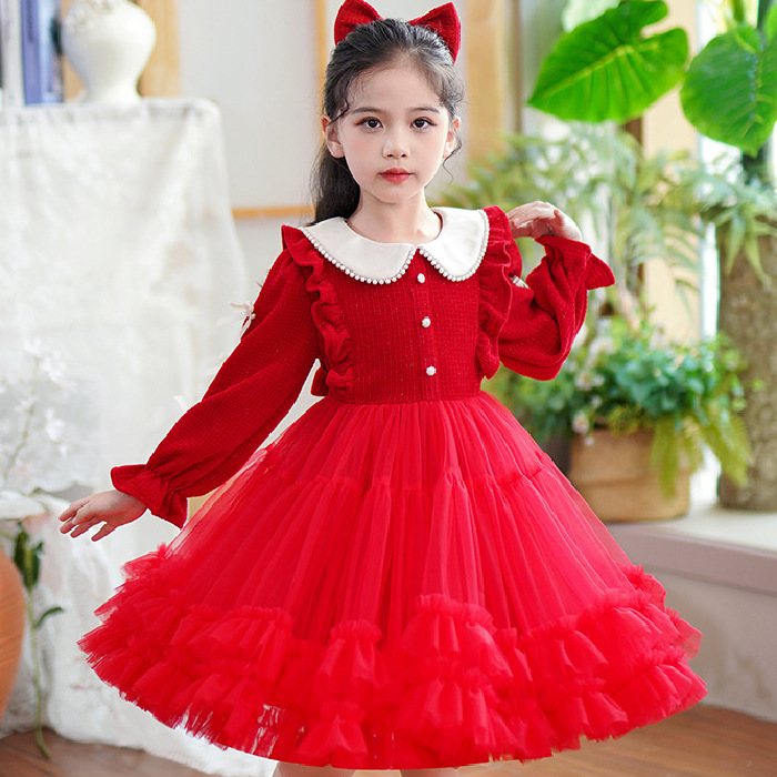 2024新款秋冬加绒加厚小女孩洋气公主裙周岁女宝宝新年礼服红裙D