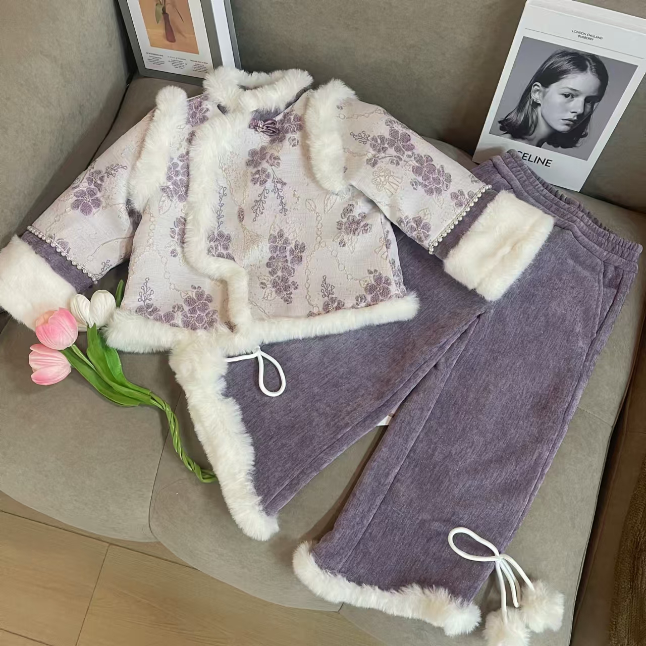 女童新中式2025年秋冬季新时尚毛毛拼接盘扣上衣裤子两件套套装