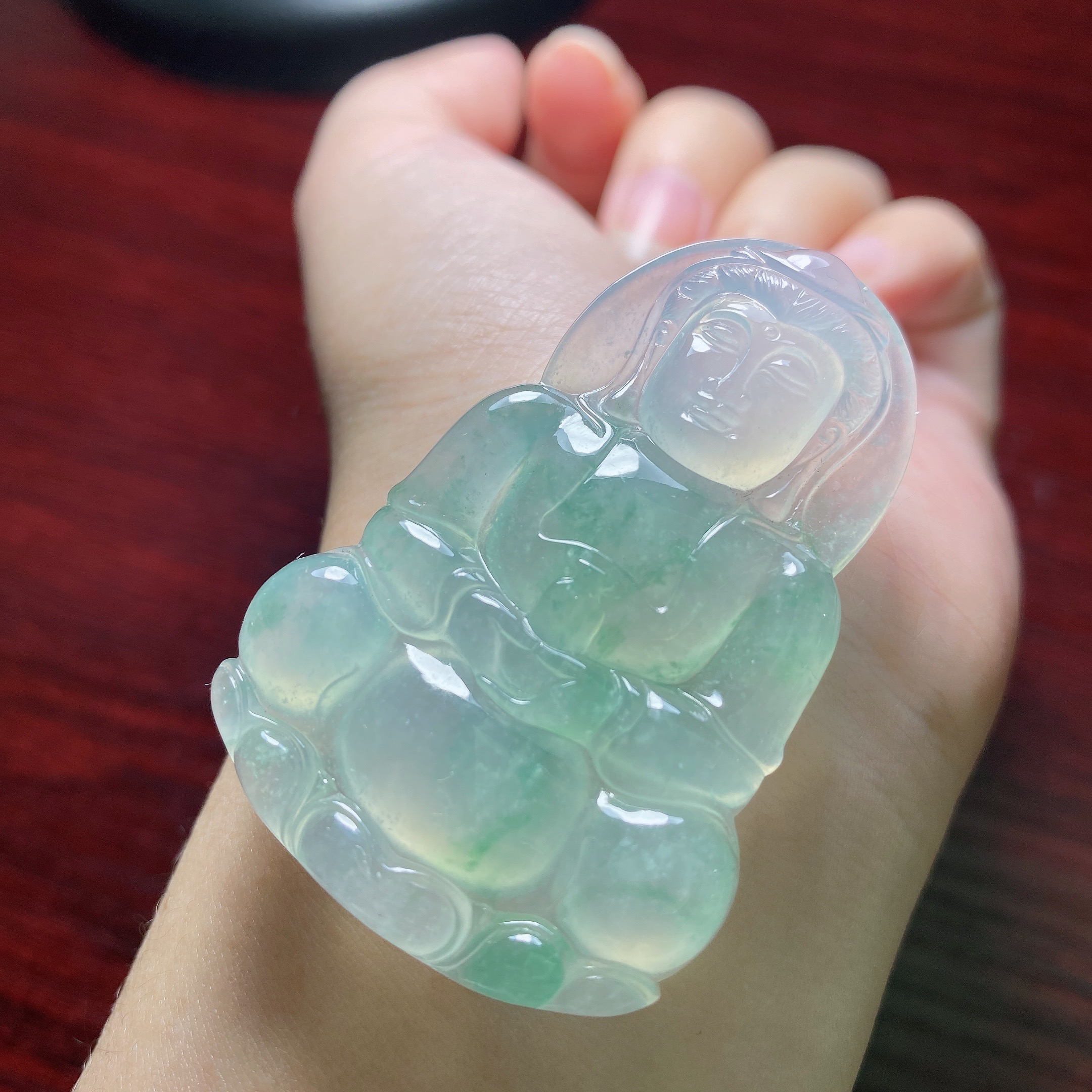 天然缅甸翡翠A货老种起光飘花正装观音男女款挂坠53.4*36.2*6.1