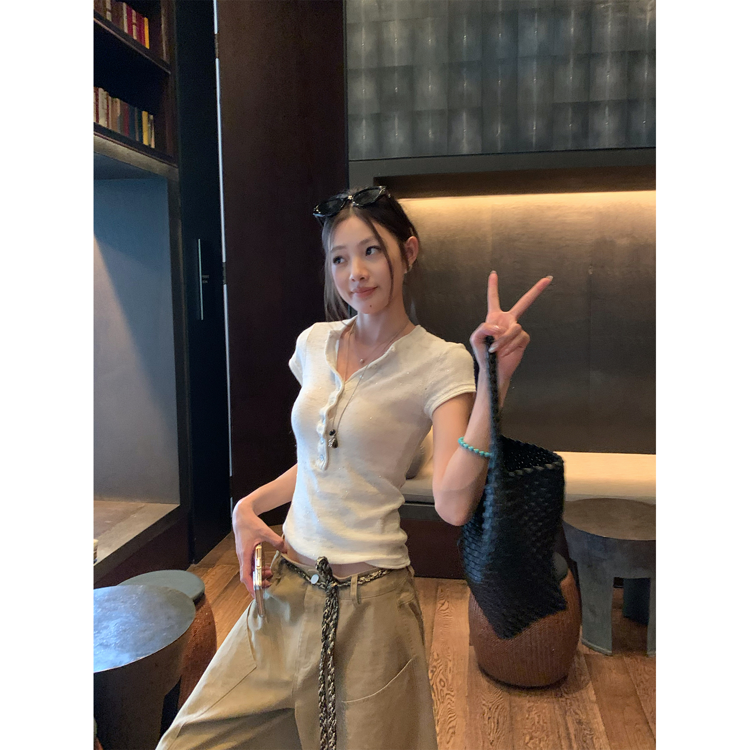 DYANGJUN 【细闪波光】棉麻混纺正肩亨利短袖亮片短袖上衣