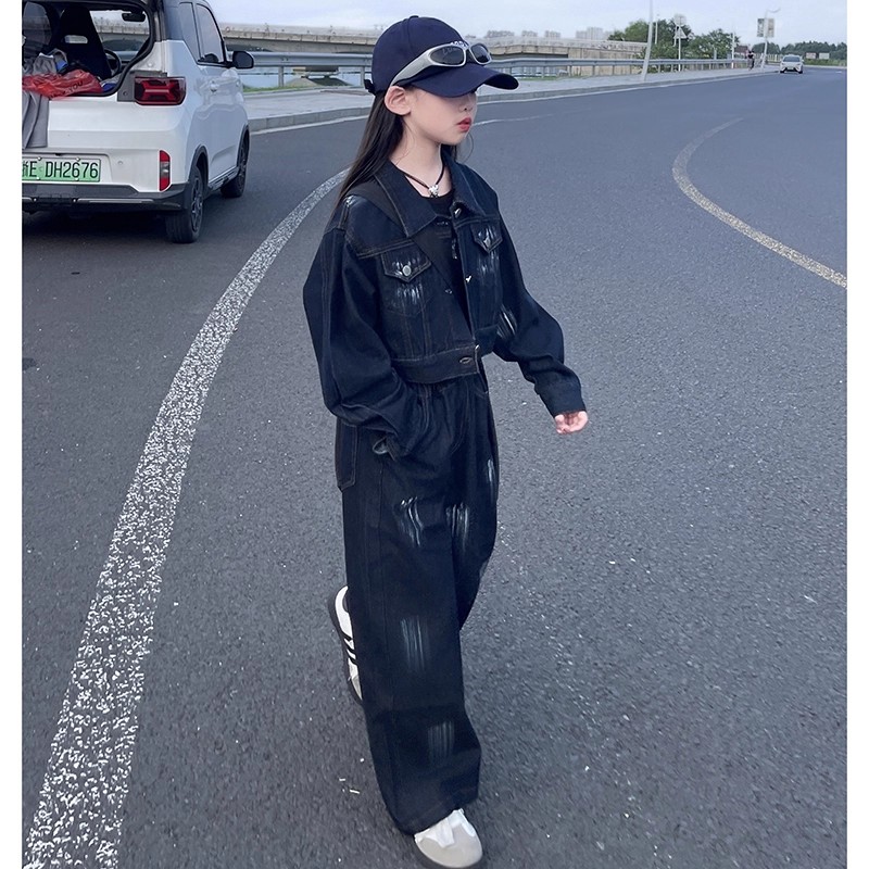 女童美式复古牛仔套装春秋季2025新款儿童网红外套宽松拖地阔腿裤