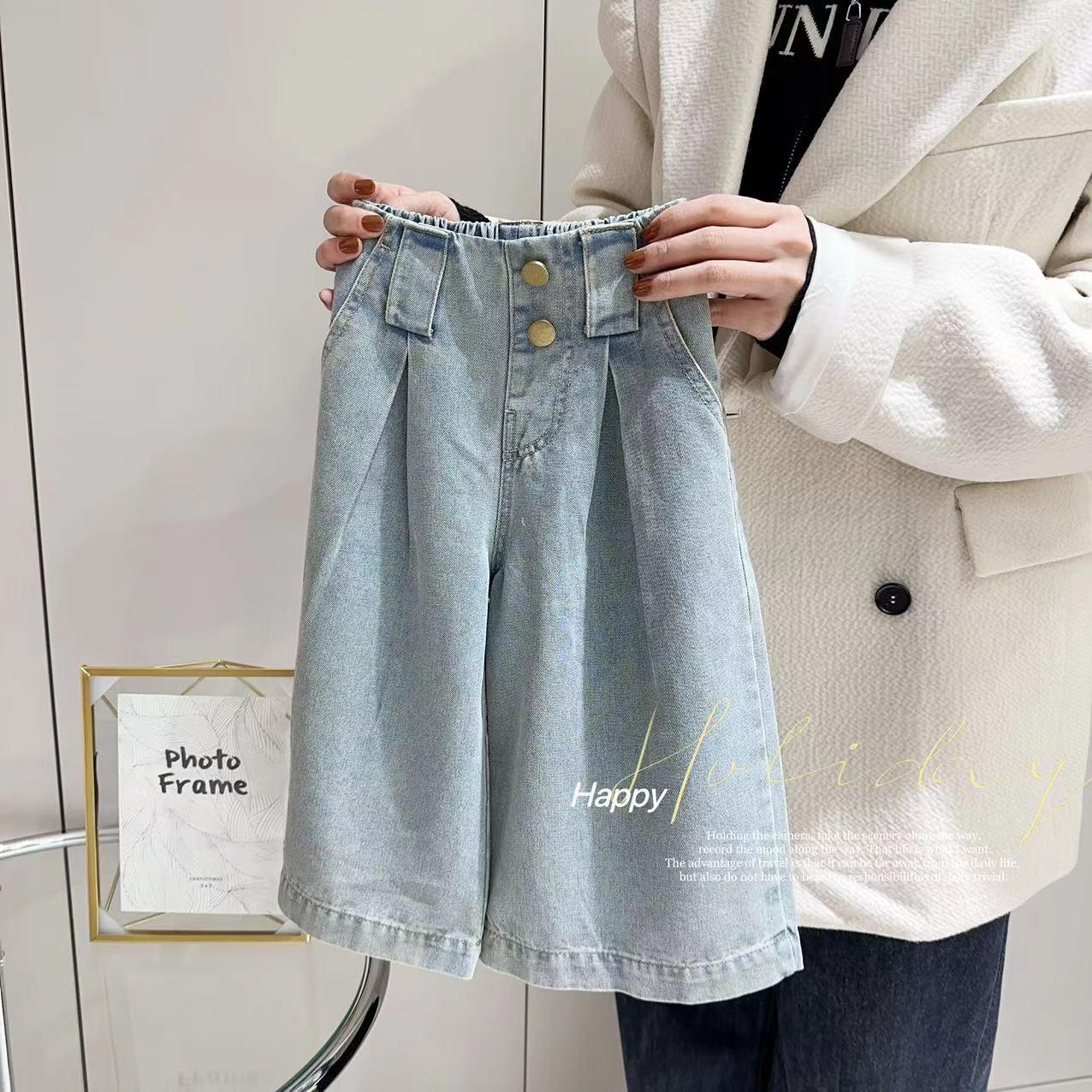 汤圆家童装2025春季新款褶复古牛仔垂感拖地裤 YA-1409