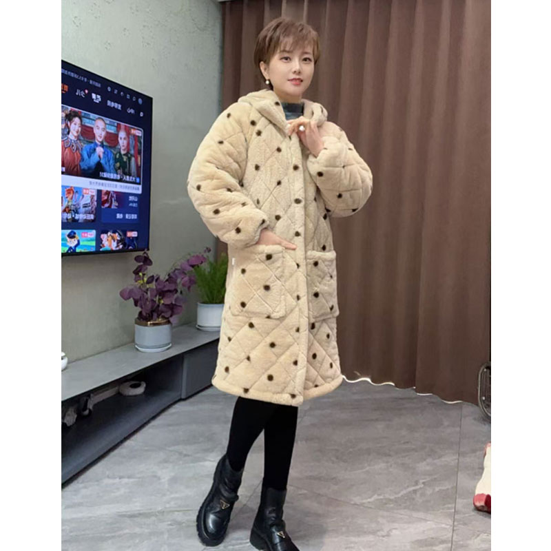 【四川省服】特厚中长款冬季宽松罩衣连帽加绒加厚家居服睡衣女