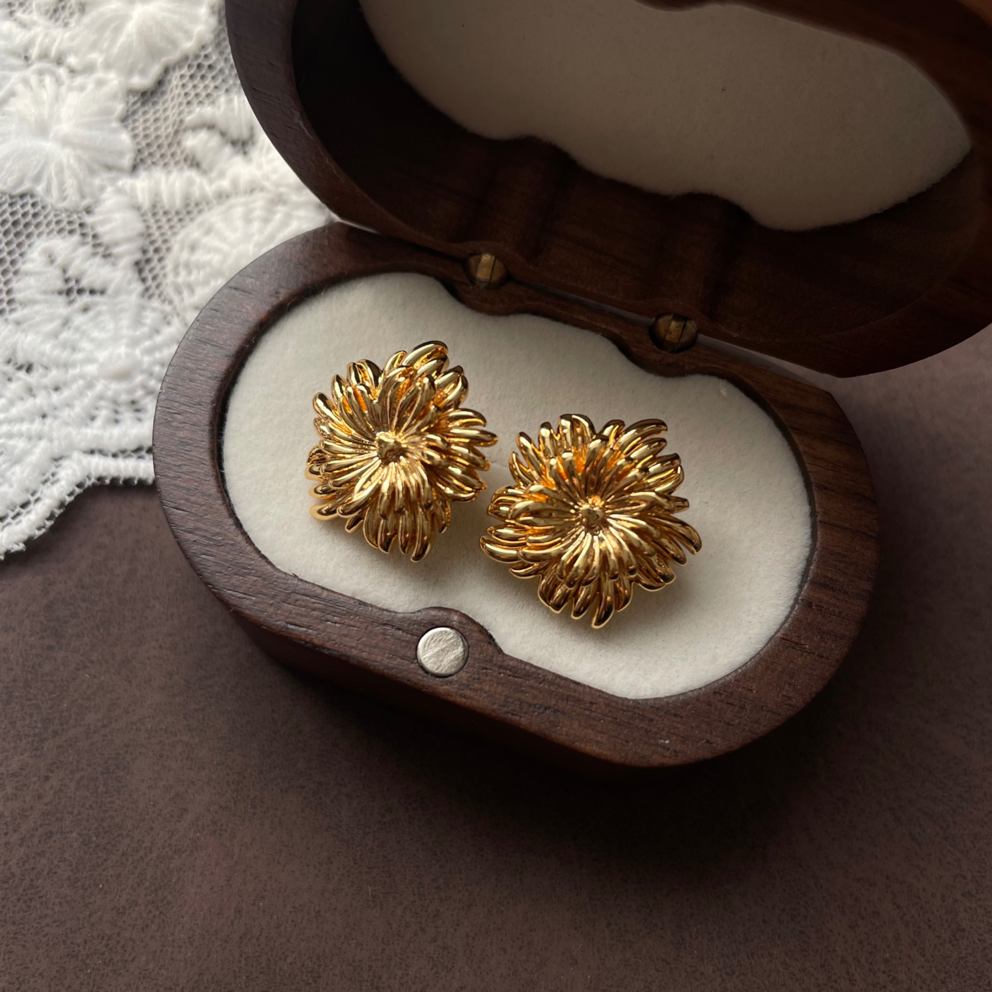 合金耳饰 素款耳钉欧美植物花卉复古风精致女金色中古轻奢百搭