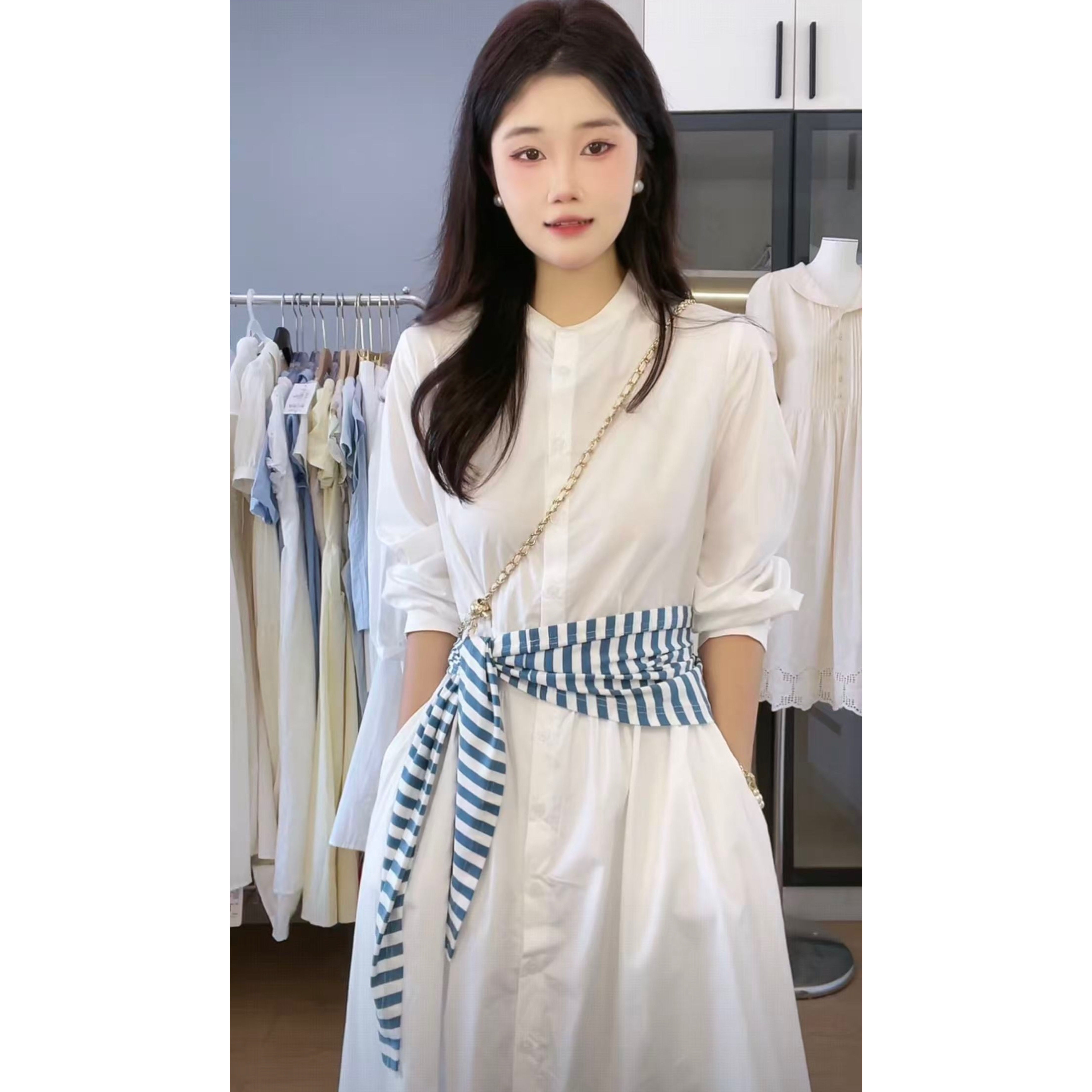 法式白色长袖衬衫连衣裙子女2025新款早秋气质高级感宽松长裙6328