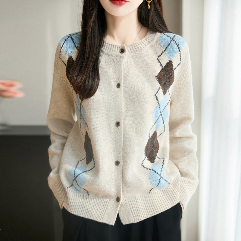 彩色菱形格针织开衫外搭上衣女秋冬新款复古百搭宽松加厚外套毛衣