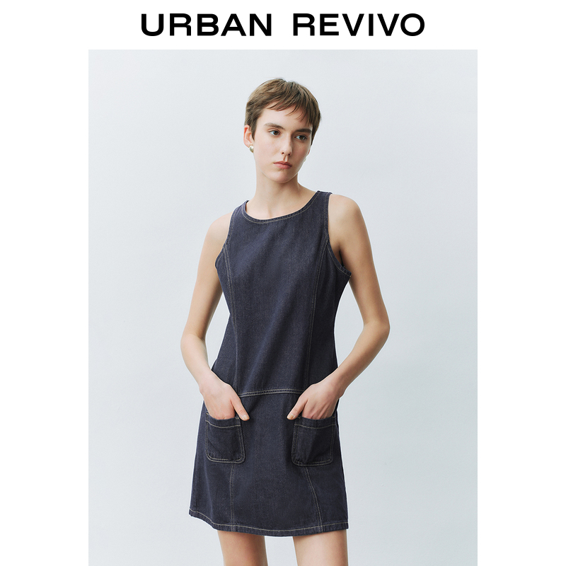 UR2025春季新款女装欧若风撞色明线口袋无袖牛仔连衣裙UYU850003