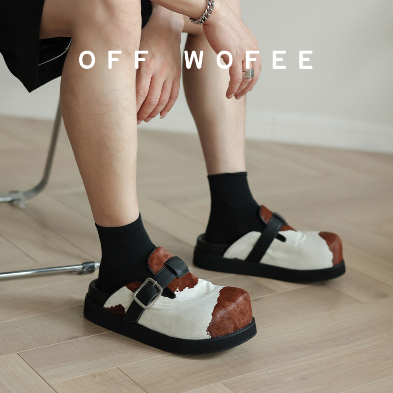 OFFWOFEE大头高级豹纹奶牛纹勃肯拖鞋增高手工birken厚底真皮牛皮