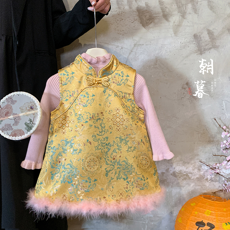 冬"花田错"女童针织上衣+无袖加绒国风印花连衣裙套51109