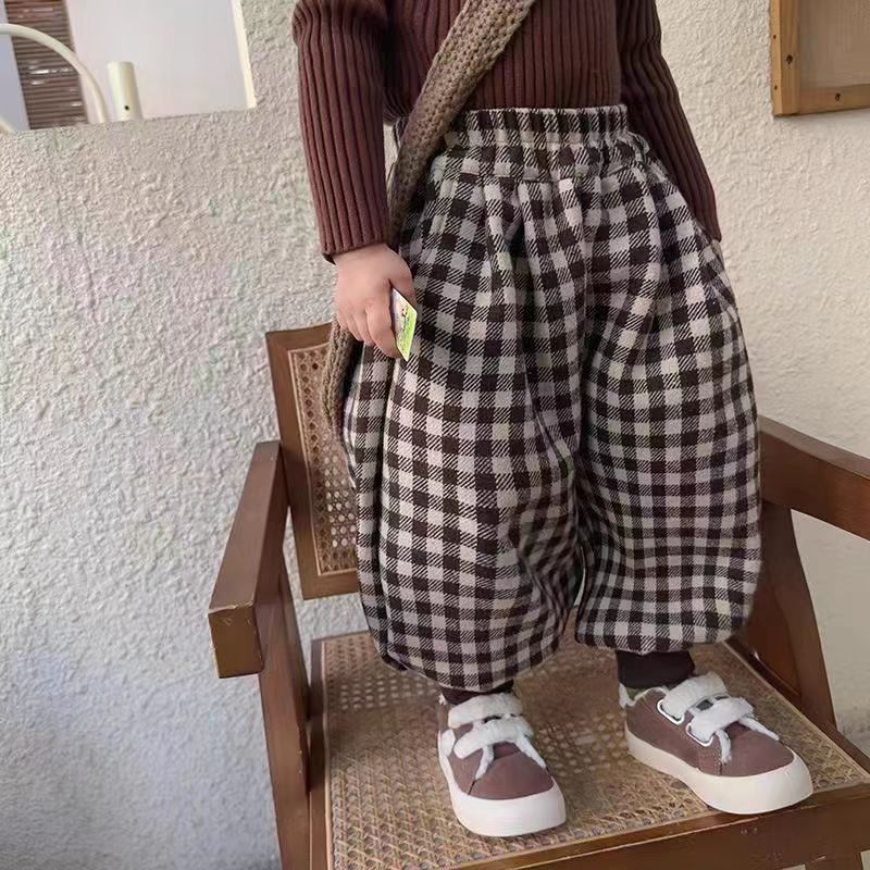 冬季新款2024男女童儿童束脚裤子加绒加厚休闲韩版格子长裤宝宝潮