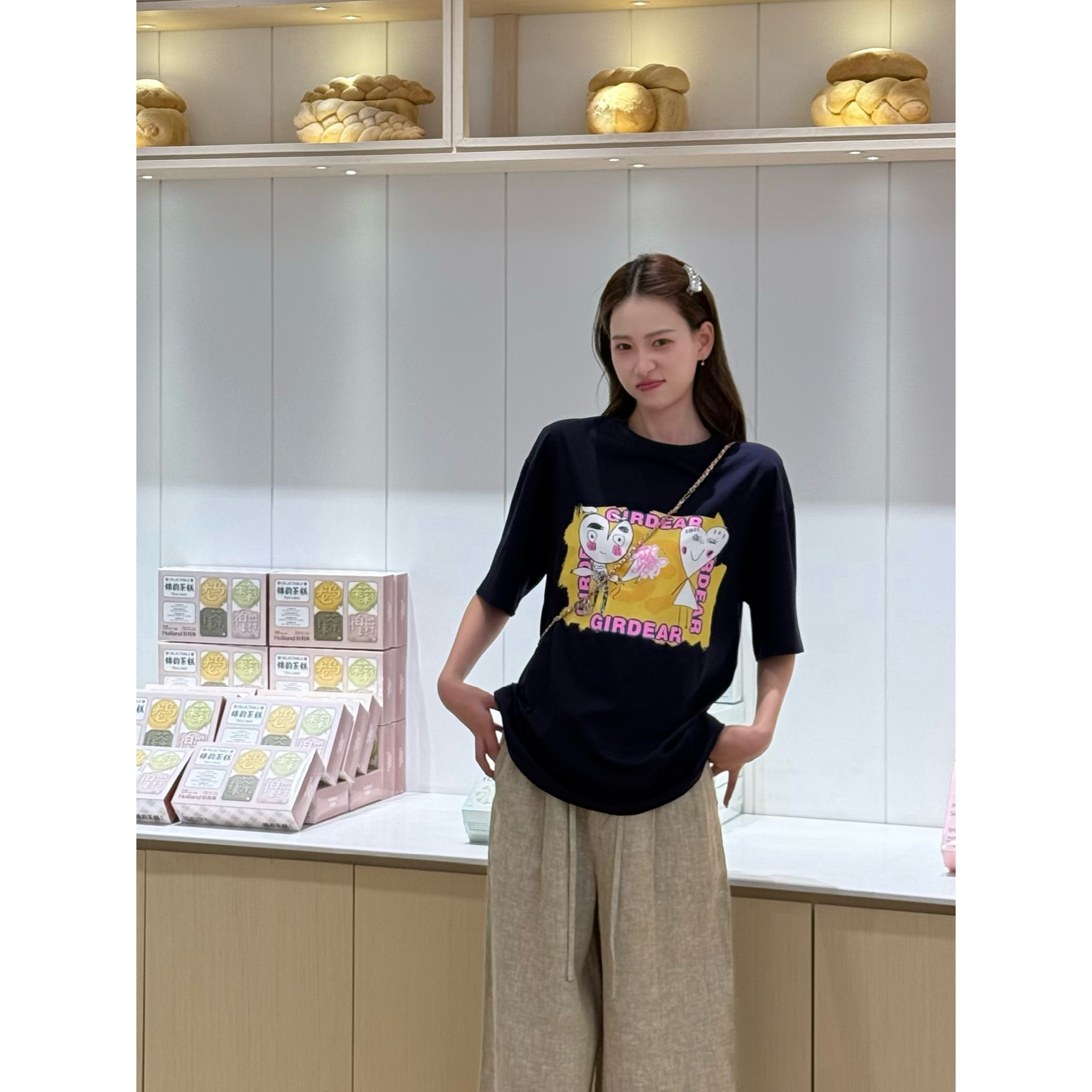 GIRDEAR/哥弟「一见倾心」宽松印花中长款百搭T恤130065
