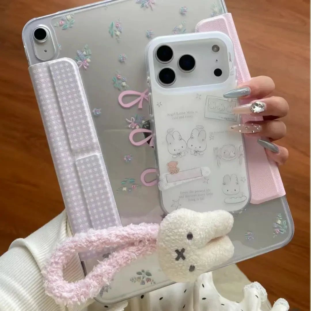 可爱英文天使兔子毛绒手绳适用iPhone17promax苹果16pro手机壳15P