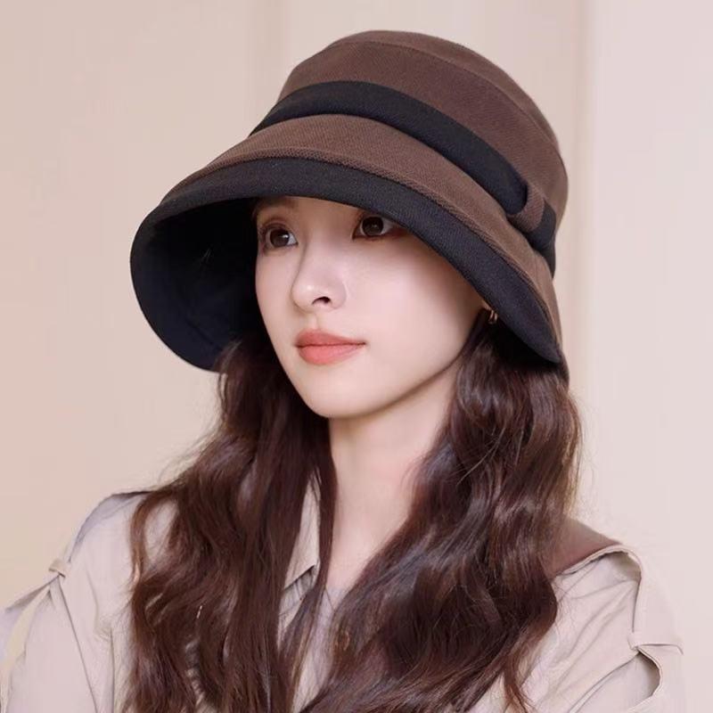 秋冬季渔夫帽子女双色拼接百搭帽子加厚保暖优雅礼帽出游水桶盆帽