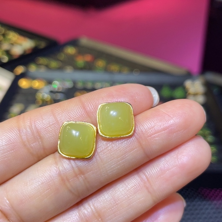 和田玉银S925镶嵌耳饰