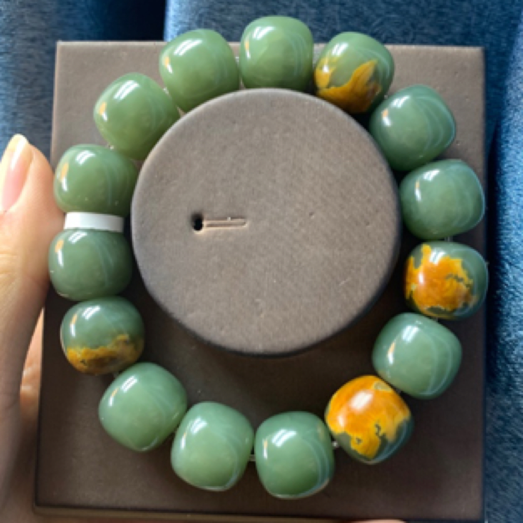 复古和田玉河磨带皮老型16单圈手串